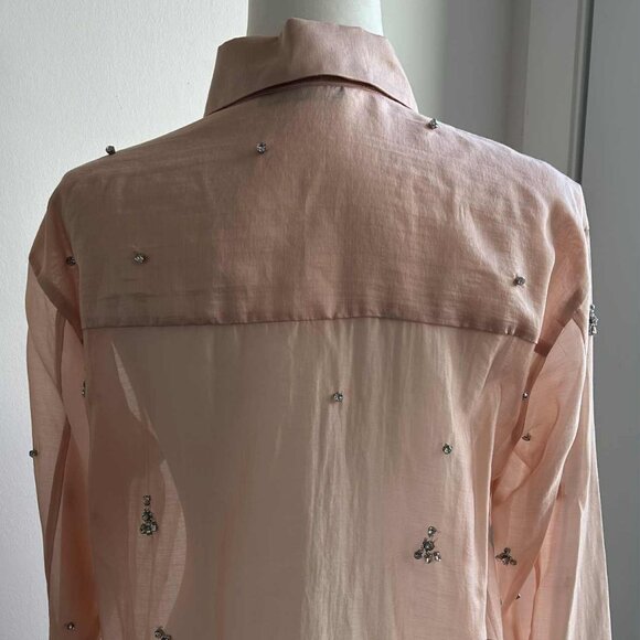 Zara Blush Pink Lyocell Semi-Sheer Crystal-Embellished Button Blouse – US XS - Picture 8 of 12